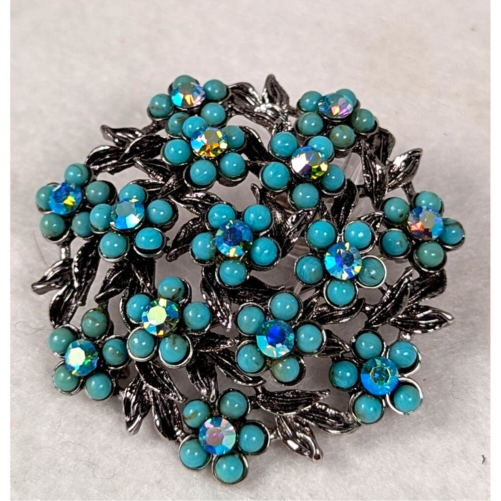 Vintage Mid Century Floral Wreath Brooch Faux Turquoise & AB Crystal Pin chicEUC